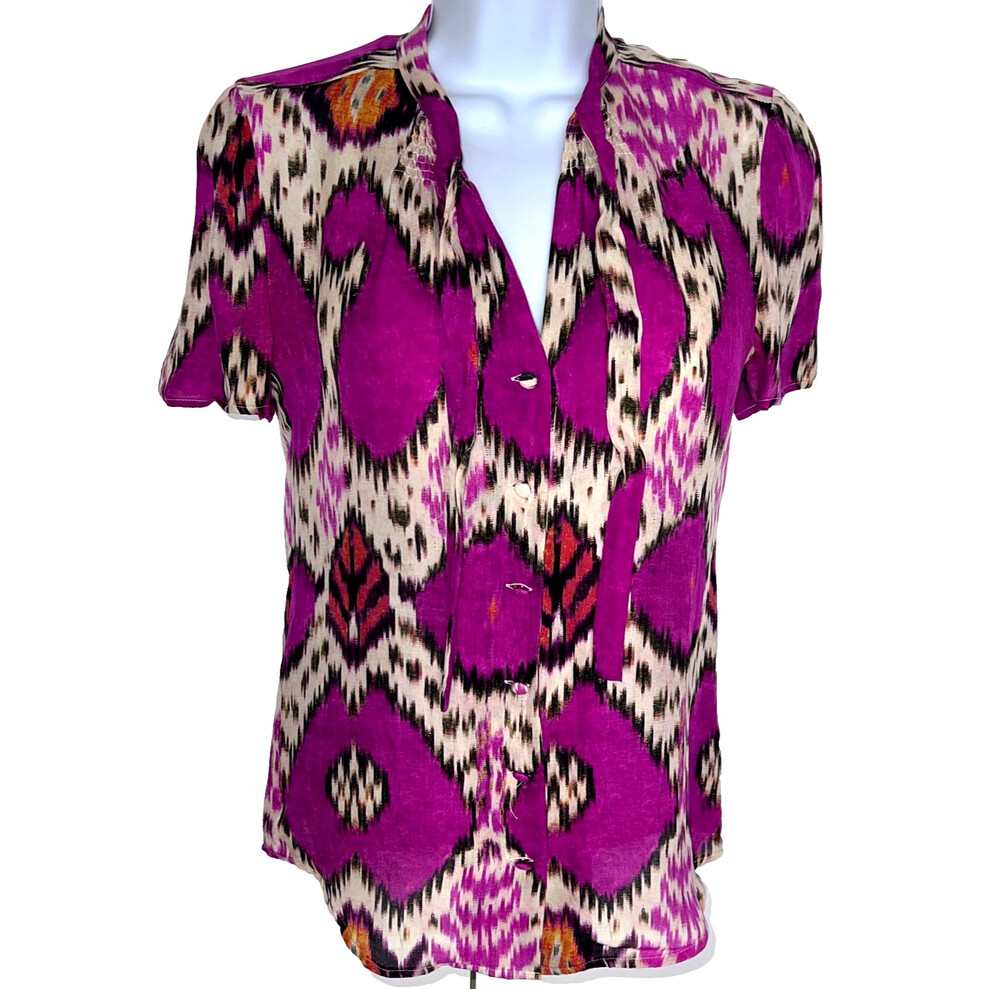 ETRO - Women's S Blouse Short Sleeve Ikat Print Silk Button Up with Tie Neck
